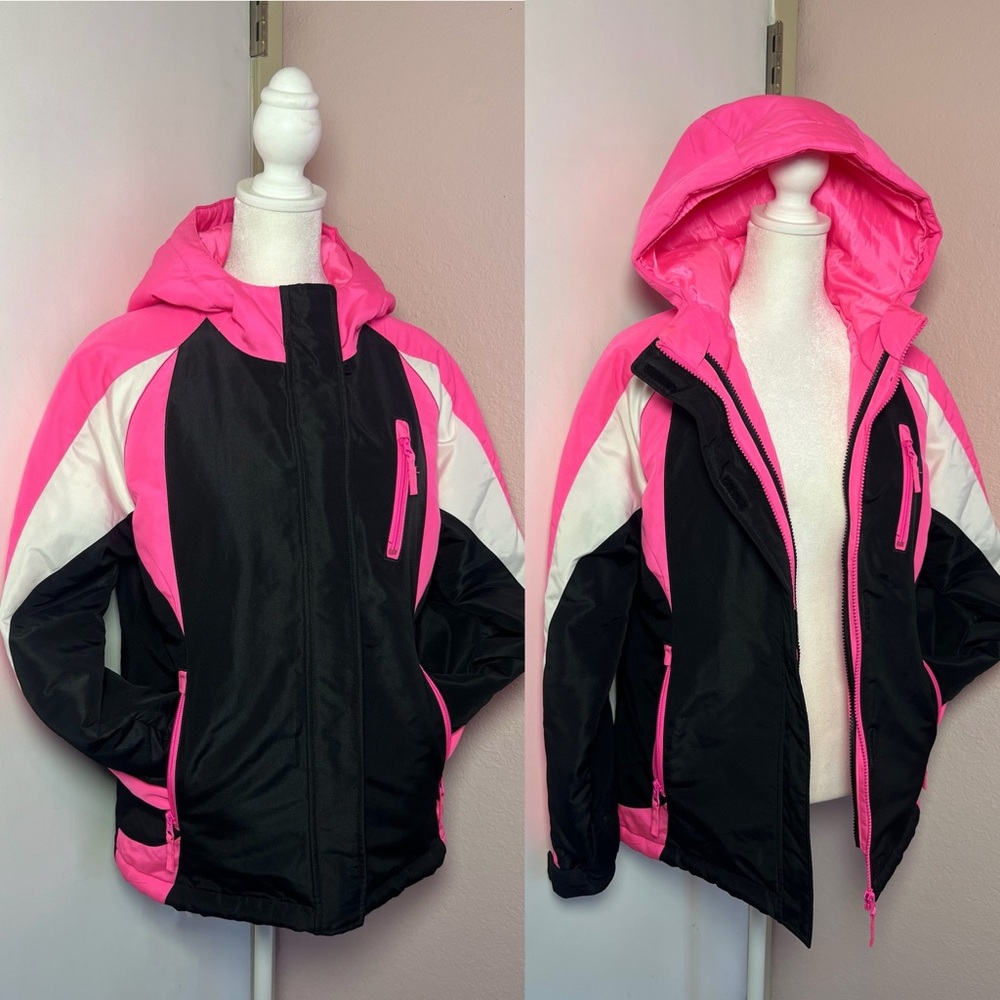 Retro Neon Pink, Black & White Puffer Coat